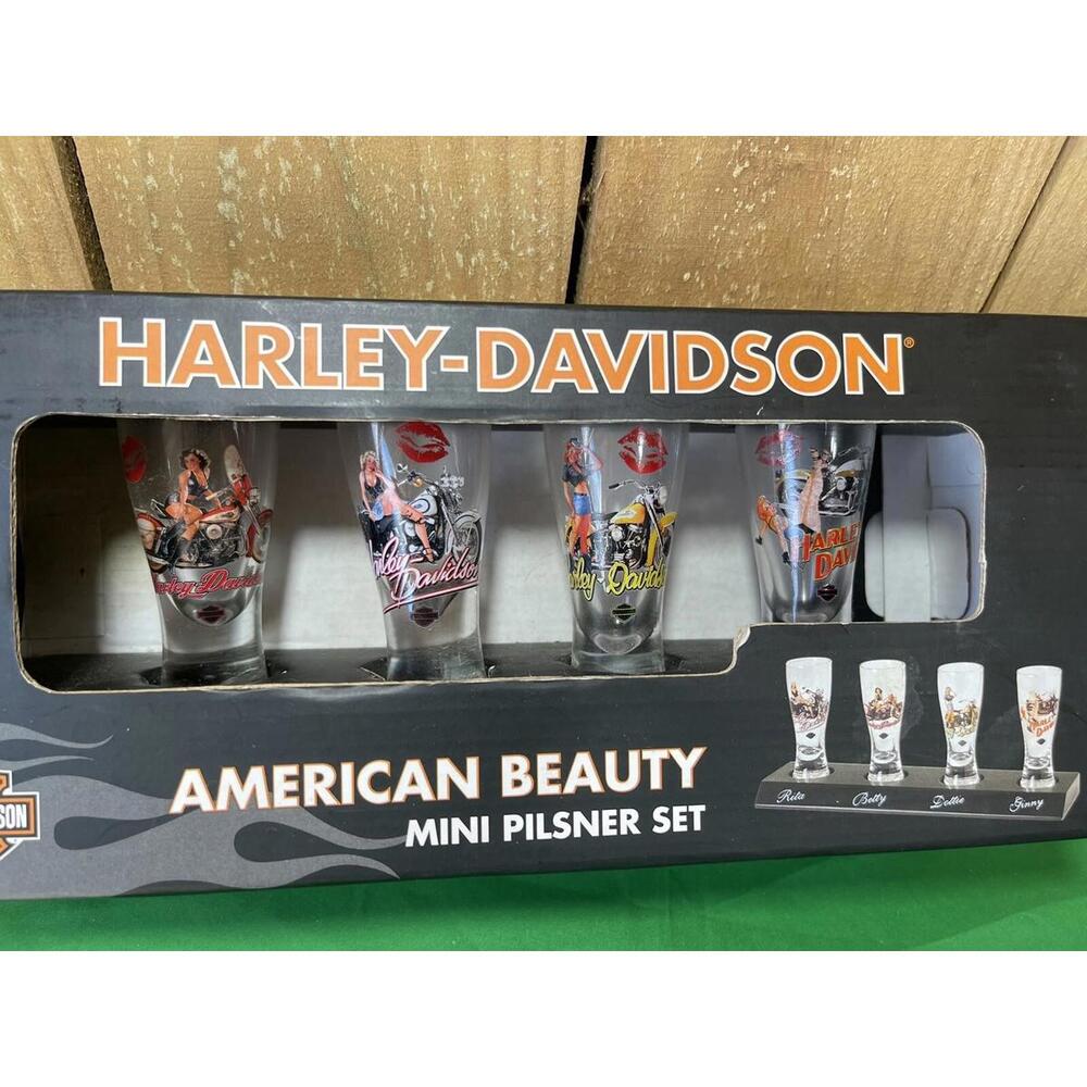 Harley Davidson Mini Pilsner Glass Set !! American Beauty Pin Up Girl !! 2011 !!